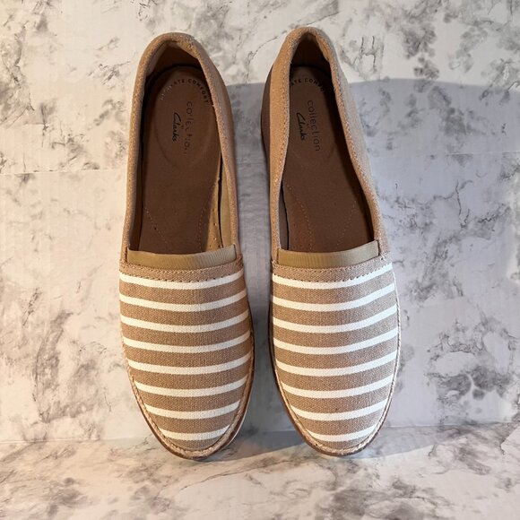 Womens Clarks Slip On Size 8 Leather/Canvas Upper Striped Serena Paige Tan/White - Picture 3 of 8